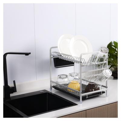 China New Design Durable Popular High Quality Anti Rust Free Standing 2 Tier Folding Dish Drying Rack With Drain Board Dish Rack for sale