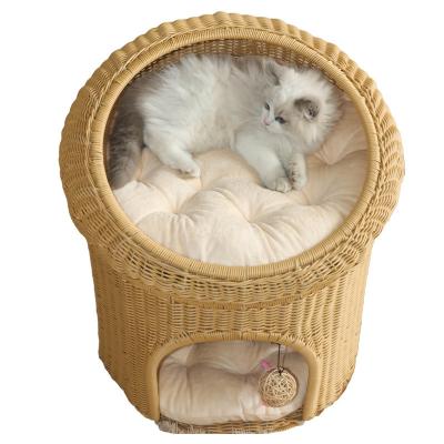 China Universal Woven Double-Layer Cat Nest Cat Villa Cat Nest Rattan Partly Enclosed Viable Four Seasons Pet Bed for sale