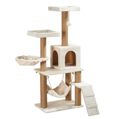 China Viable Easy Assemble Durable Multilevel Wooden Post Cat Tree House Condo Hammock Large Sisal Scratcher Cat Tree With Plush Toy Ball for sale