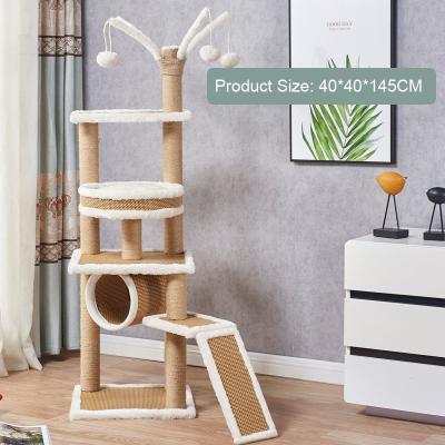 China Viable Wooden Treehouse Cat Furniture Kittens Activity Tower Cat Tree Sleeping Mat Large Condo Cat Scratcher Summer Rattan OEM/ODM for sale