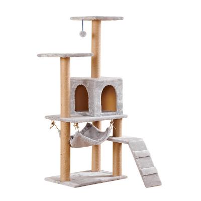 China OEM/ODM Sustainable Natural Wooden Rope Sisal Pet Furniture Interactive Climbing Toys Cat Tree Scratcher Hammock House Cat Tower for sale