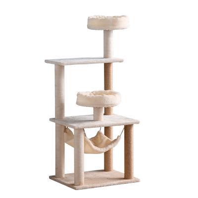 China Luxury Soft Short Fur Cheap Viable Cat Scratching Tree Cat Tower Modern Wooden Cat Tree With Plush Faux Hammock Inside for sale