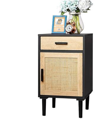 China Bedroom Furniture Adjustable Wholesale Handcrafted Rattan (Other) Decorated Accent Wood Nightstand Side Table with Drawer and Door for sale