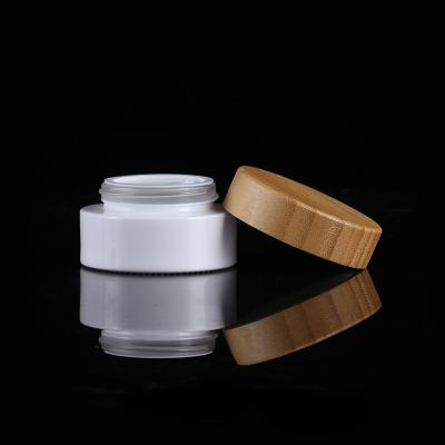 China Wholesale 5g 15g 20g 30g 50g 100g 200g Cosmetic Empty White Frosted Glass Bamboo Jar Eye Cream Jar for sale