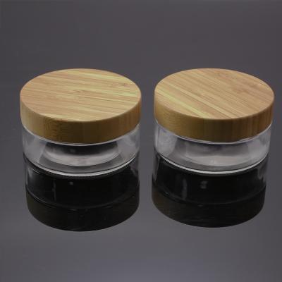 China New Type Cosmetic Spices Packaging Jar 200g Transparent Cream Bamboo Glass Jars Packaging With Bamboo Cap for sale