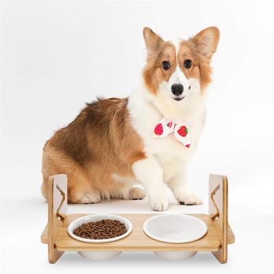 China Hallerbos Sustainable Wholesale Wooden Dog Cat Elevated Raised Feeder Stand Small with 2 Removable Stainless Steel Bowls for sale