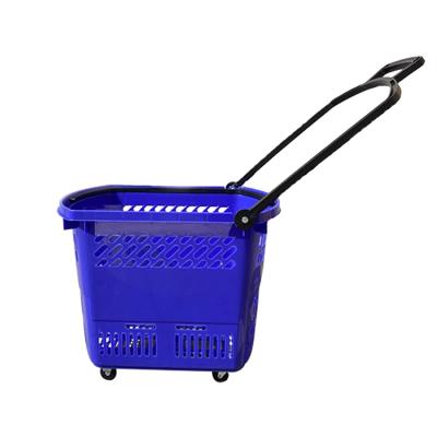 China Eco - Friendly Plastic Useful Supermarket Shopping Rolling Trolley Basket With Four Wheels for sale