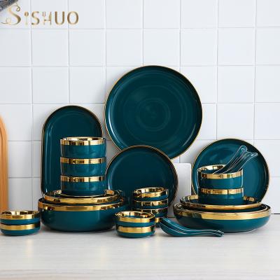 China Sustainable Europe Style Green Color Gold Rim Ceramic Plates Ceramic Plates for sale