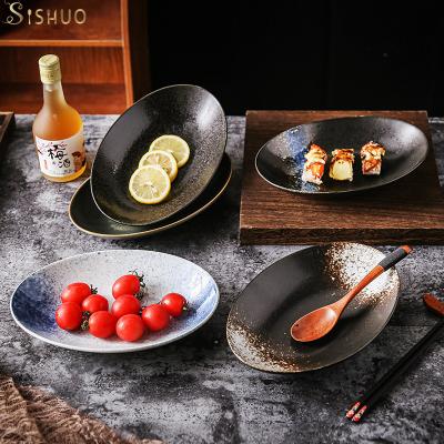 China Sustainable Modern Customize Logo Tableware Hand Painted Ceramic Restaurants Oval Dishes for sale