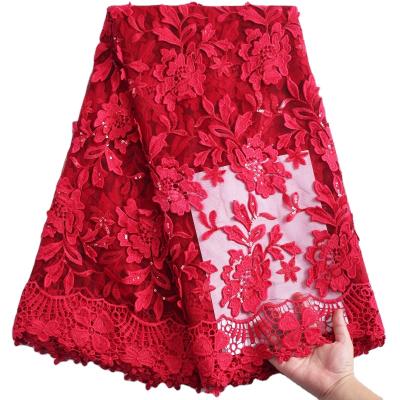 China High Quality Luxury African Red 3D Lace Fabric French Silk Embroidery 3D Flower Lace With Sequin Fabric For Nigerian Dress 2242 for sale