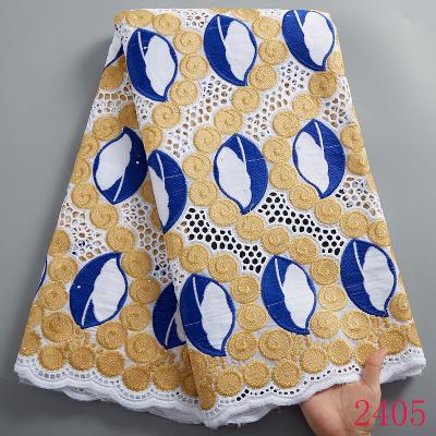 China Viable Dubai Style Holes 100% Swiss Voile Lace Fabric High Quality Pure Cotton African Lace Part Sewing 2405 for sale