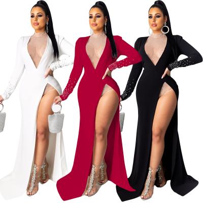 China Fashion Breathable Ladies Clubwear Long Sleeve Dresses Party Deep V Neck Bridesmaid Dresses Even Split Dresses for sale