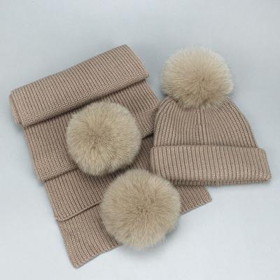 China JOINT Hats With Fox Fur Balls Winter Knitted Hat Scarf Set Mom I Neck Warm Knit Hat Set for sale