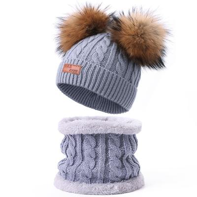 China COMMON Double Pom Pom Knit Hats Hat For Kids Beanies Winter Baby Hat And Bib Knit for sale