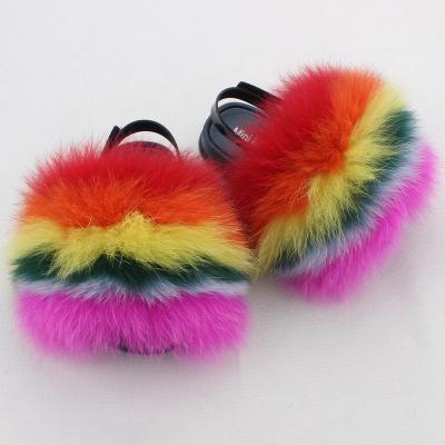 China Brown Baby Toddler Fur Slides Real Raccoon Fur Slippers Breathable Soft Fluffy Kids Sandals Fluffy Fur Slides for sale