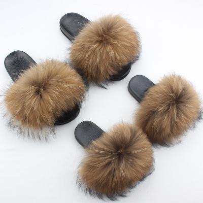 China CUSHIONING Wholesale Fur Slides Parent-child Fashion Sandals Raccoon Fur Mommy and Me Slippers Fur Slides for sale