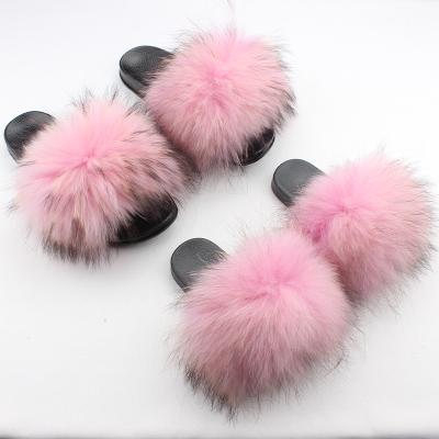 China CUSHIONING Parent-child Wholesale Fashion Fluffy Fur Slippers Sandals Pink Raccoon Fur Slippers Slides For Mommy and Me for sale