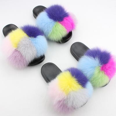 China CUSHIONING 1-31 Real Fur Mommy and Me Slippers Real Fox Fur Colorful Fluffy Fluffy Slippers Kids for sale