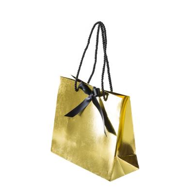 China Professional Custom Recyclable Gold Shiny Paper Bag With Bowknot Logo Shopping Gift Bag Manufacturer for sale