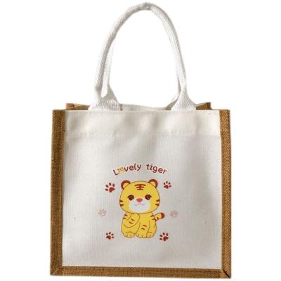 China 100% Eco-Friendly Custom Logos Printed Sturdy Recycled Jute Summer Tiger Beautiful Wholesale Canvas Bag DIY Craft Art for sale