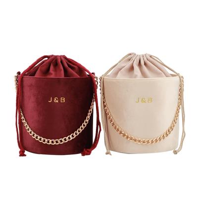 China Fashion Large Capacity Velvet Make Up Bag Custom Design Circular Column Cylinder Shape Chain Handle Shopping Bag With Pouch for sale