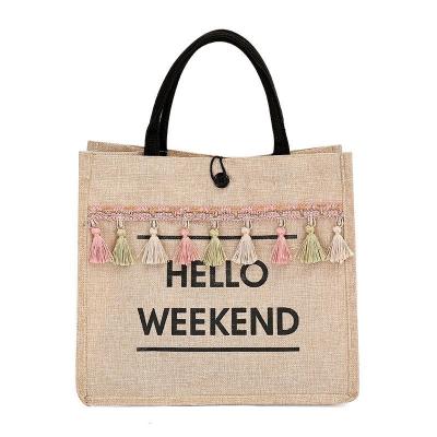 China Fashion Women Large Capacity Tassel Shoulder Bag Letter Canvas Tote Bag Linen Lady Shopping Weekend Single Bolso Bag With Tassel for sale