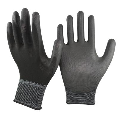 China EN 388 Non-slip/Comfort/Dexterity HY 13 Protective Black Nylon Work PU Coated Safety PU Coated Gloves for sale