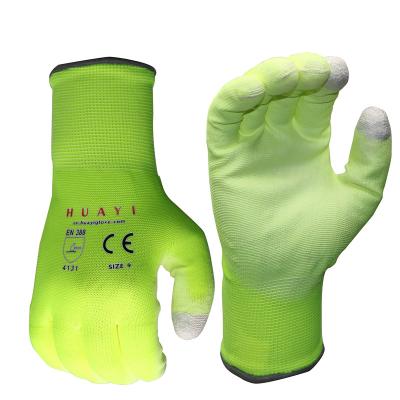 China Seamless PU Work Glove HY Polyester Or Touch Screen Nylon Fluorescent Yellow Palm PU Coated Work Safety Glove for sale