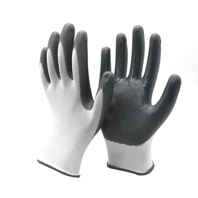 China Nitrile Coated Working Glove 13 Gauge White Nylon Knitted Liner Coated Gray Smooth Nitrile Gloves for sale