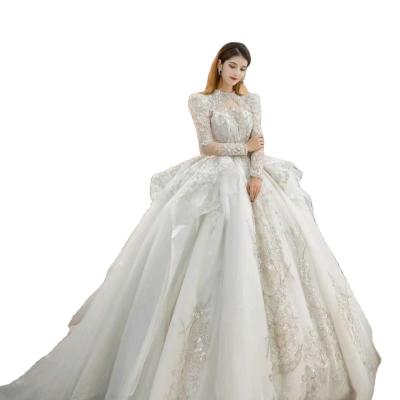 China Feishiluo Breathable Luxury Long Sleeve Bead Lace Applique Bridal Gown Wedding Dresses for sale