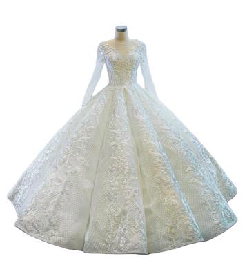 China Breathable Ivory Bridal Ball Gown Long Sleeves Ball Gown O-Neck Luxury Sequins Lace Up Wedding Dress Floor Length for sale