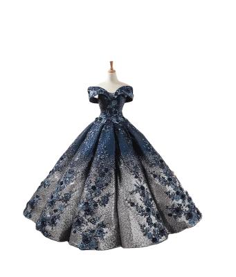 China Wholesale Dark Blue Dry Cleaning Ball Gown Line Ball Bridal Gown Sequins Lace Up Wedding Dress for sale