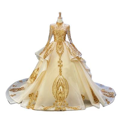 China Luxury Ball Gown Wedding Dress Wholesale Sleeves Gold& Sequin Lace Ivory Bridal Dress Breathable A Line Ball Gown Long Sleeves Ball Gown for sale