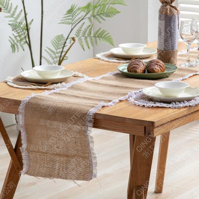 China Qingyun Natural Burlap 12x118 Inch Exclusive Handmade Rustic Natural Burlap Fabric Country Style Table Runner for sale