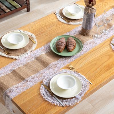 China Wedding Christmas Bridal Shower Mat Table Runner Fabric Qingyun Burlap Hessian Natural Rustic White Wedding Party Lace Burlap Country for sale