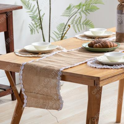 China Qingyun 12x118 inch Burlap Natural Hessian Decor Woven Bohemian Table Runners Burlap Cream Lace Jute Thanksgiving Table Runner for sale