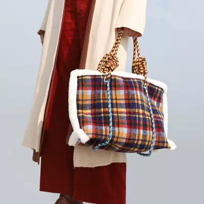 China Designer Bag Lambswool Plaid Shoulder Knot Woven Wool Tote Bag for sale