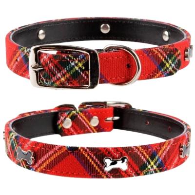 China Factory Classic Stocked Plaid Dog Puppy Collar Leash Dog Collar With Black Bone for sale