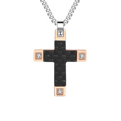 China Custom Made Unique American Style Rose Gold Plating Cross Carbon Fiber Long Necklace With Laser LOGO On Pendant Workout Jewelry for sale