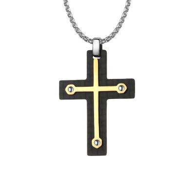 China CLASSIC Carbon Fiber Fashion Inlay Material 18k Gold Plated Stainless Steel Mens Chain Cross Necklace For Boys for sale