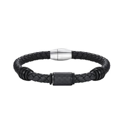 China Punk fashion black genuine leather bracelet with forged carbon fiber tube bracelet bracelet for men for sale