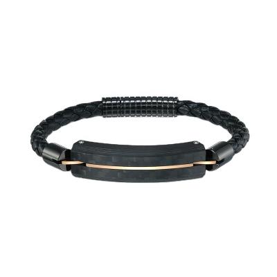 China Fashion Punk High Quality Stainless Steel Men Leather Bracelet Black Carbon Fiber ID Bracelet For Man for sale