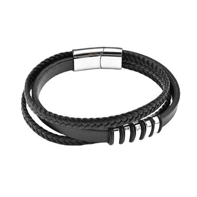 China Punk Hot Selling Genuine Leather Multilayer Braided Jewelry Men's Stainless Steel Rope Bracelets Men's Bracelets for sale