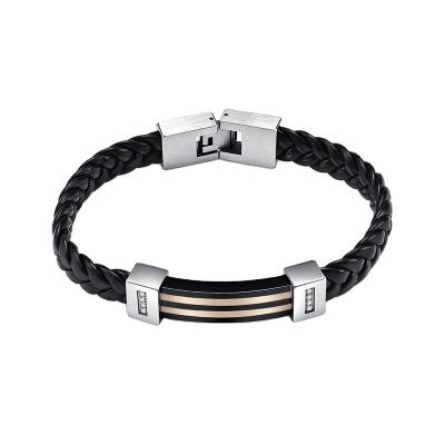 China Punk Braided Black Men's Leather Bracelet with Stainless Steel Two Tone Plated Cz Stones Bracelet for sale