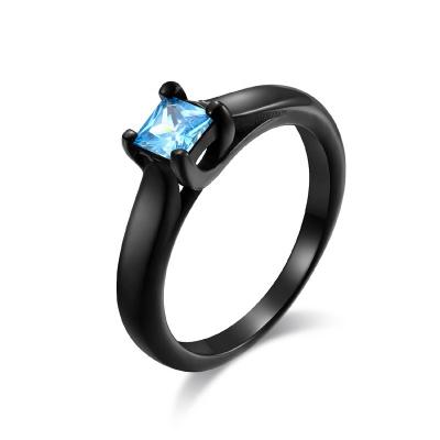 China Alin Cheap Price Big CLASSIC Blue and Pink Diamond Black Plated Stainless Steel Engagement Ring For Women for sale