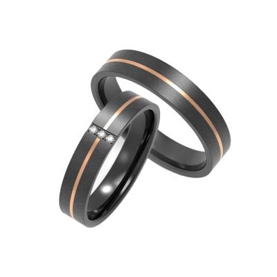 China Alin CLASSIC High Quality IP Rose Gold Plated 6MM Three Stones Inlay Titanium Steel Wedding Bands Ring For Couple for sale