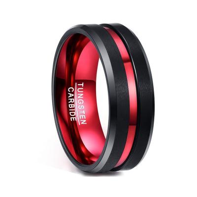 China CLASSIC 8mm Matte Finish Wedding Band Wide Outdoor Red Plated Inlay Black Grooved Tungsten Ring For Couples for sale