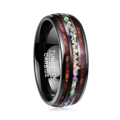 China Men's Ring With Crushed Opal 2 Bands Shiny Acacia Black Tungsten Carbide Inlay Black Tungsten Wood Ring for sale