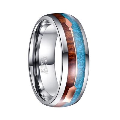 China CLASSIC 8MM Dome Turquoise KOA Wood Veneer Rose Gold Arrow Wholesale Mens High Polishing Tungsten Rings for sale