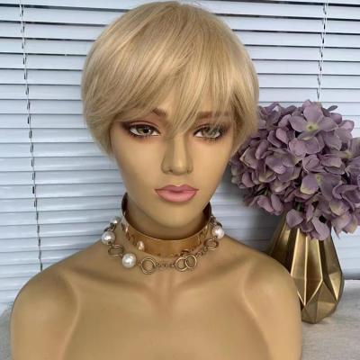 China Pixie Cut Stock IN BOB Pixie Cut Hair SALE Price Lady Cap Machine Made Medium Human Blonde Wig Cheap Straight Human Hair Wigs for sale